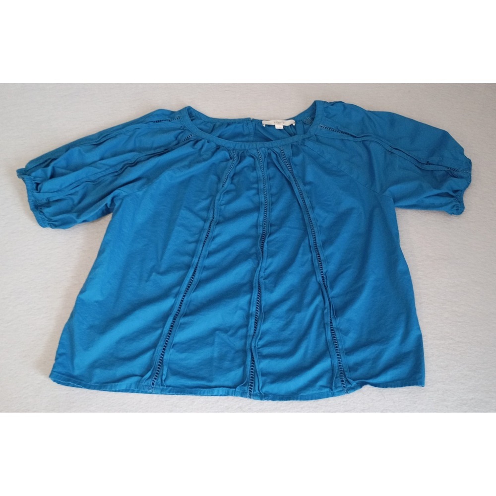 Loft Top Womens Sz M Teal Embroidered Lace Trim Keyhole Pullover Short‎ Sleeves